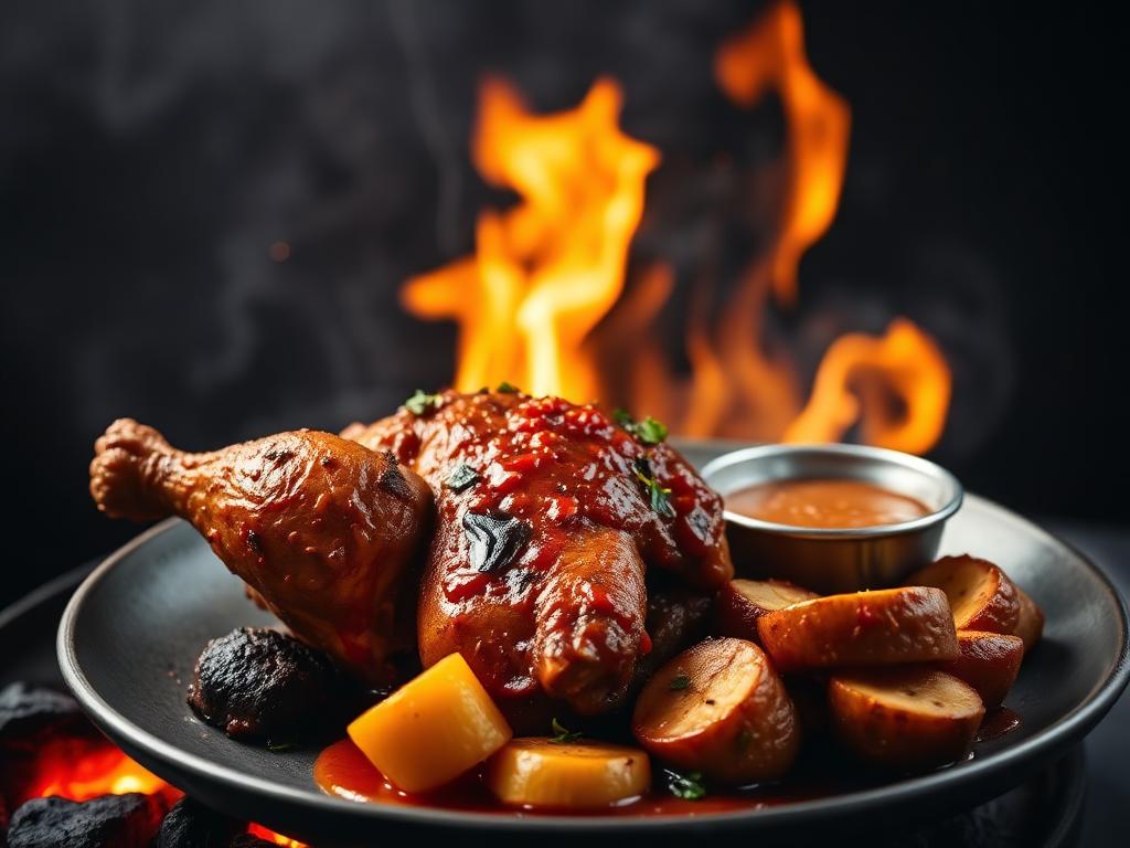 Poulet braisé au feu de bois, prêt à être dégusté chez CHICKEN BBQ